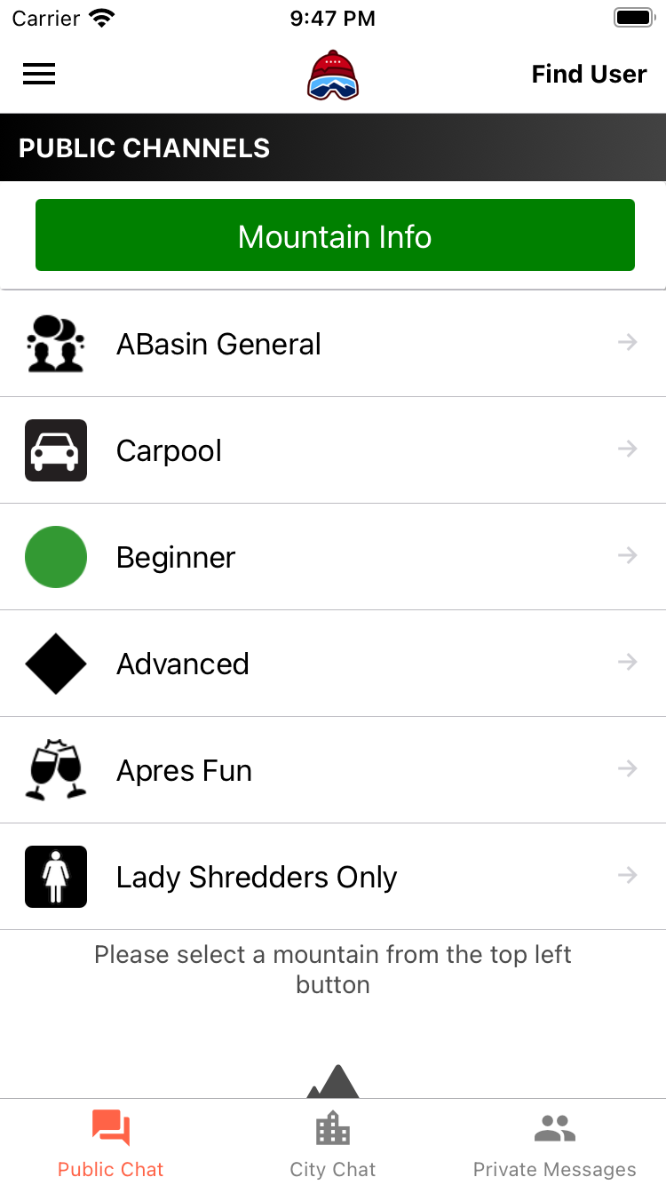 The SkiBuds app showing resort channels sorted by ability, carpooling and apres